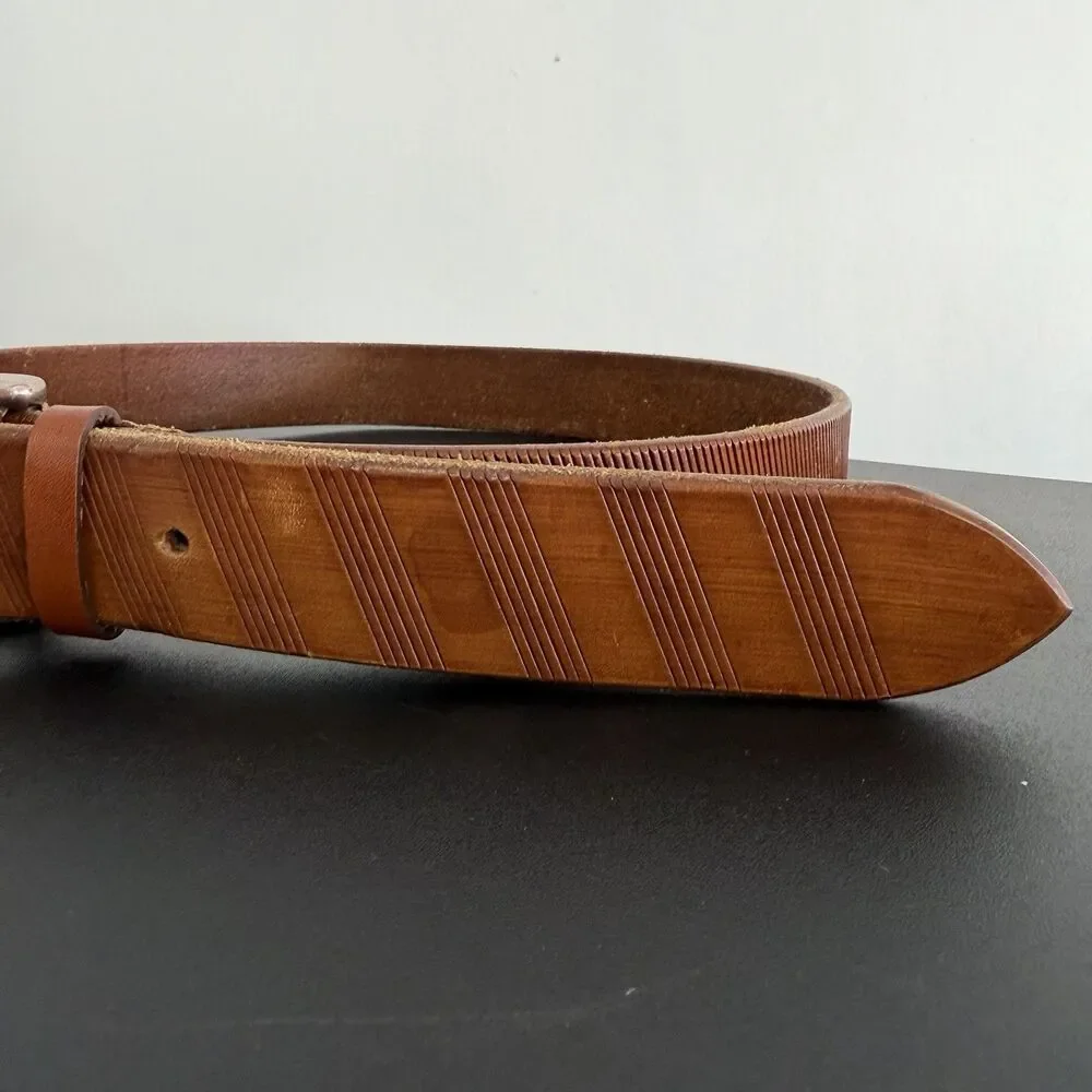 Torino Men’s Brown Genuine Leather Belt Size 32 Embossed Stripe Silver Buckle